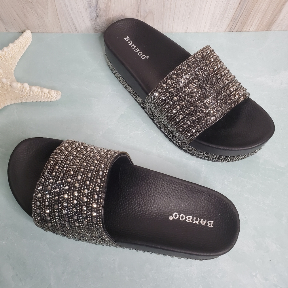 New! Black Rhinestone Wedge Slides - Picture 4 of 8